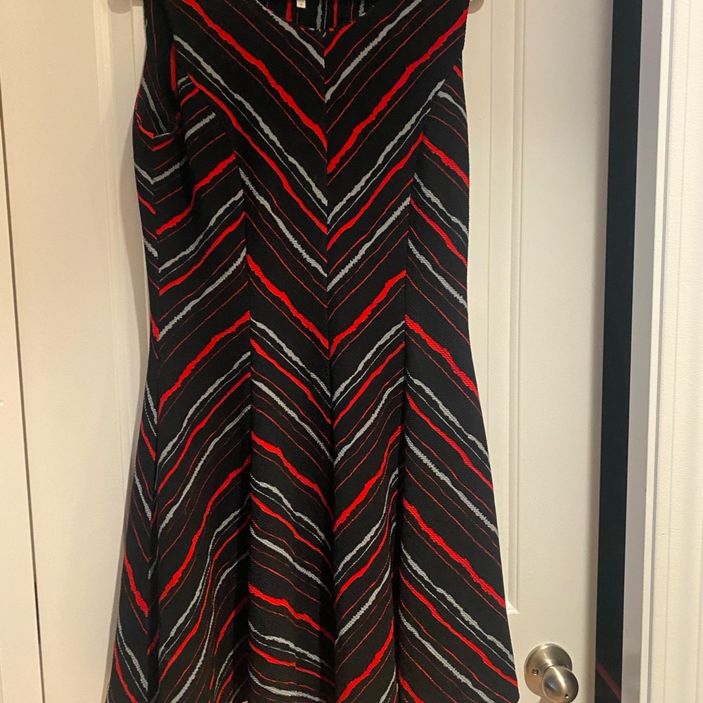 Vivian Wong Midi Dress in Black with Red & Gray Stripes